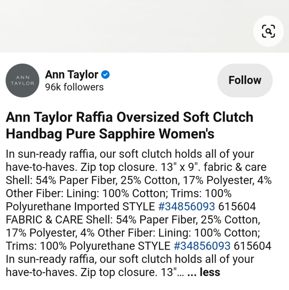 Ann Taylor oversized Raffia soft clutch sapphire - Picture 7 of 7